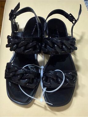 Tory Burch Patent Black Chain-Trim Ankle-Strap Sandals